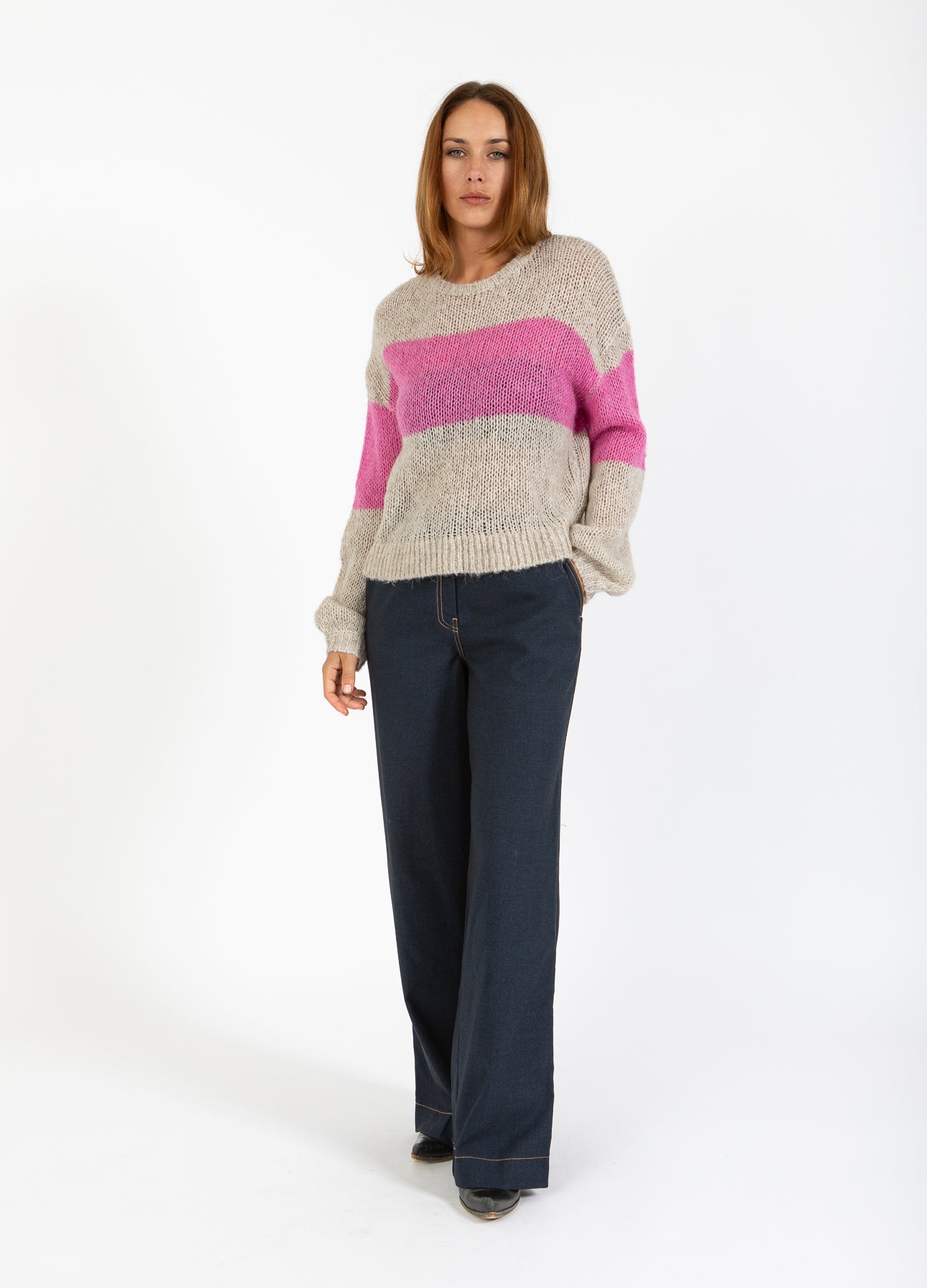 STRIK MED STOR STRIBE - Sand / Magenta