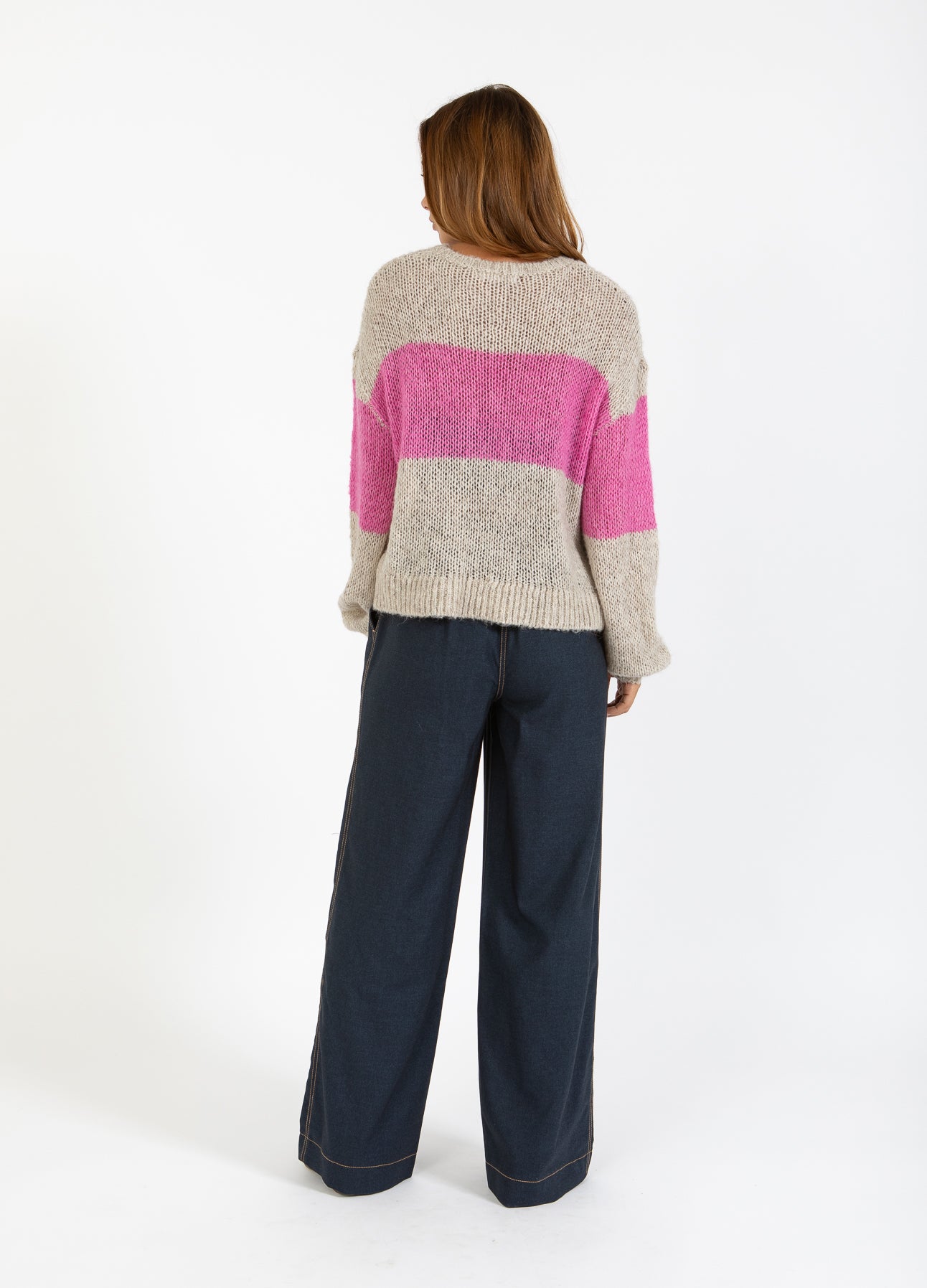 STRIK MED STOR STRIBE - Sand / Magenta