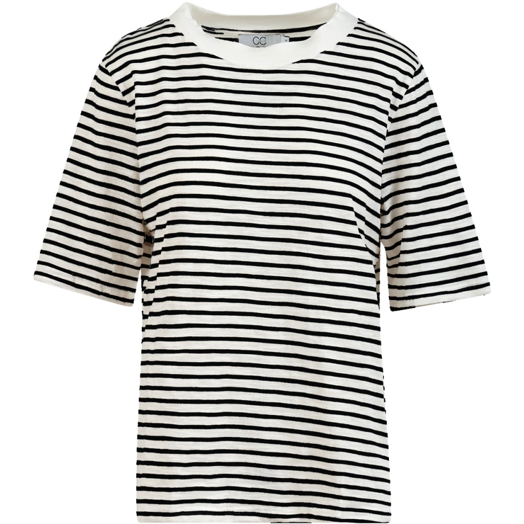 CC HEART SILLA STRIBET KORTÆRMET T-SHIRT - Off white/navy stipes