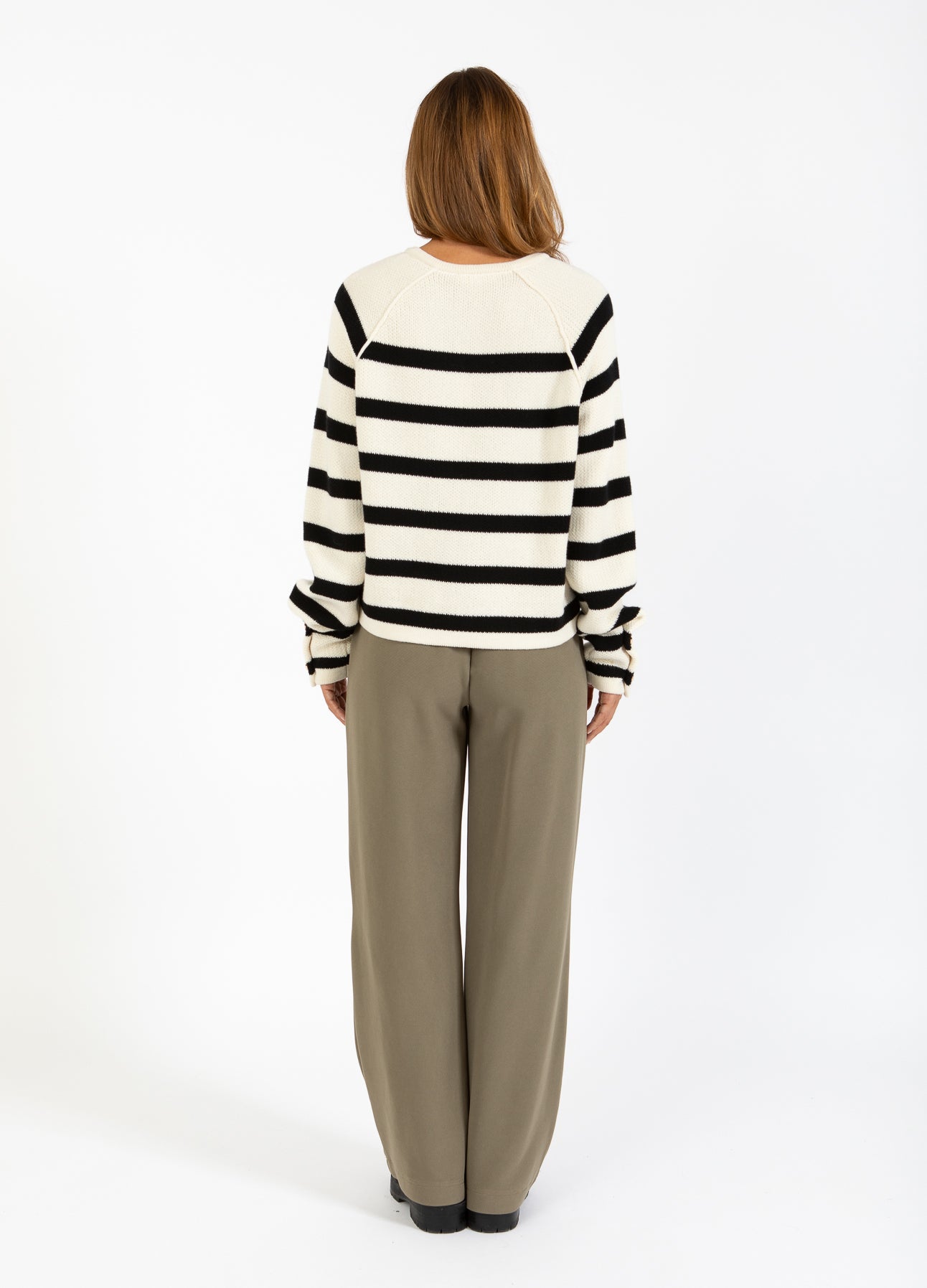 STRIBET CARDIGAN - Creme / black stripe Udsalg