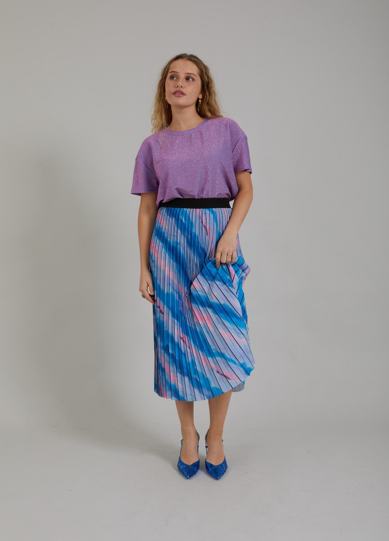PLISSERET NEDERDEL M. FADED STRIPE PRINT - Faded stripe print blue Online Hot Salg