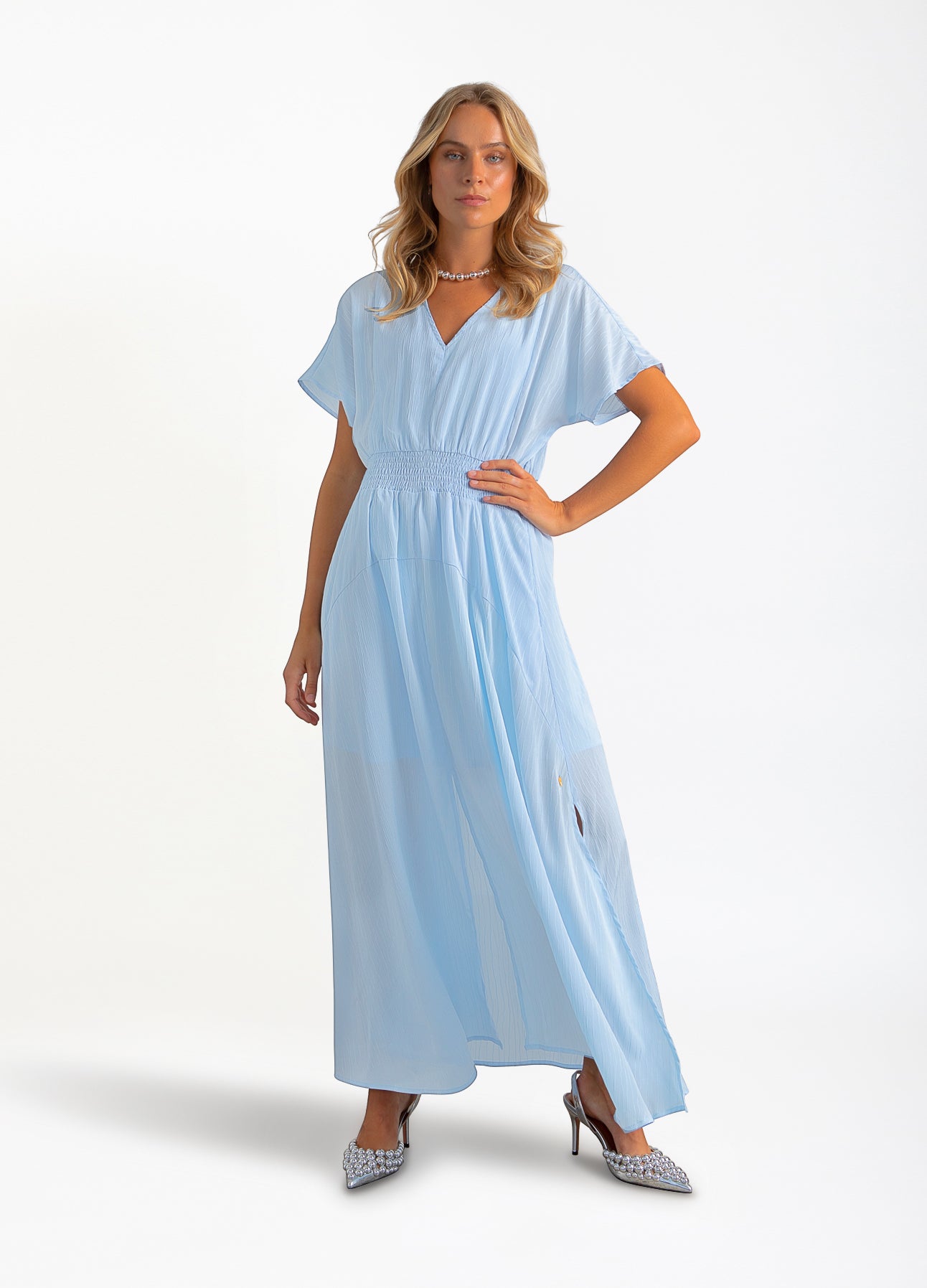 KJOLE MED SMOCK TALJE - Lake blue