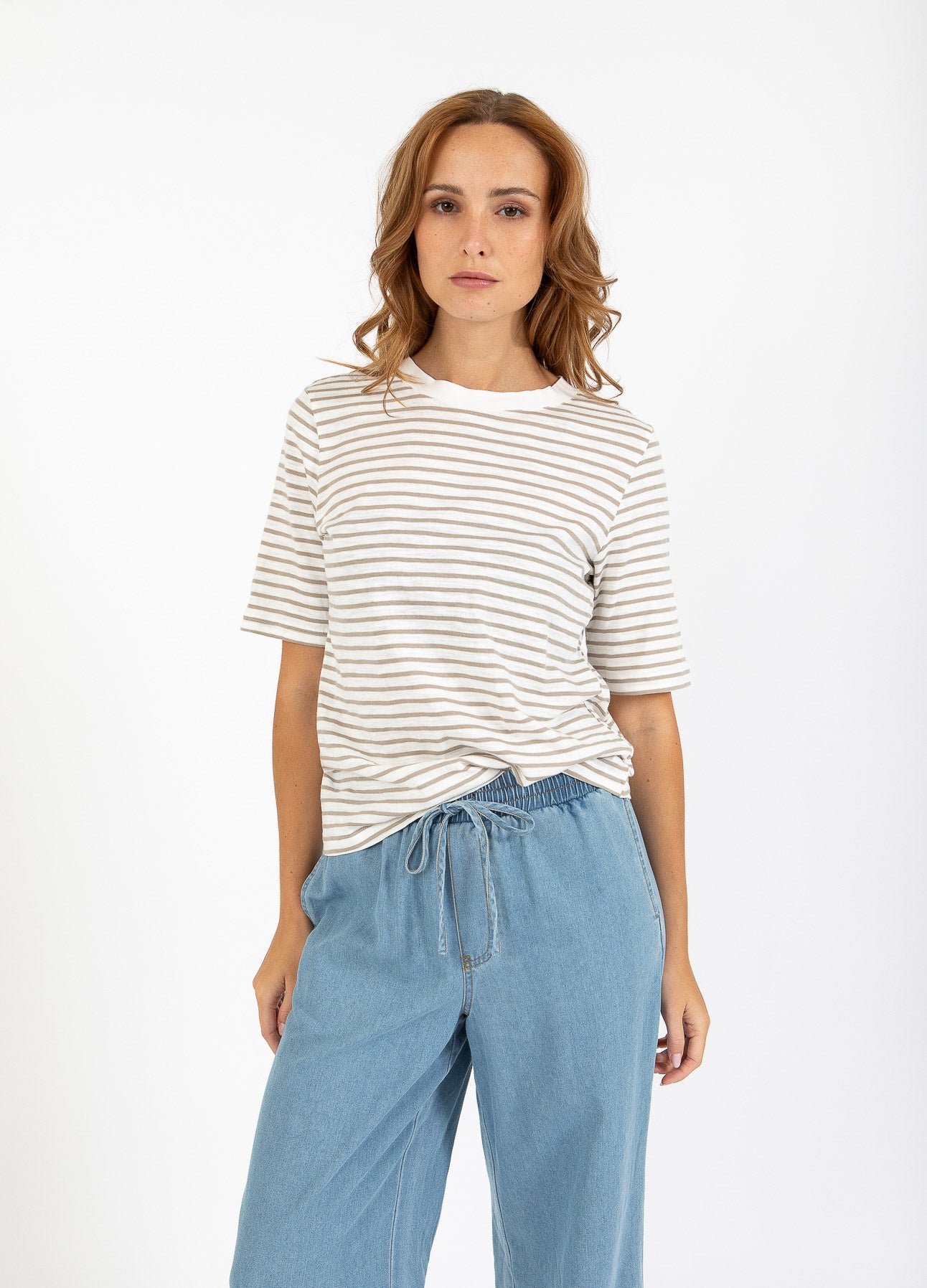 CC HEART SILLA STRIBET KORTÆRMET T-SHIRT - Off white/sand olive Online nu