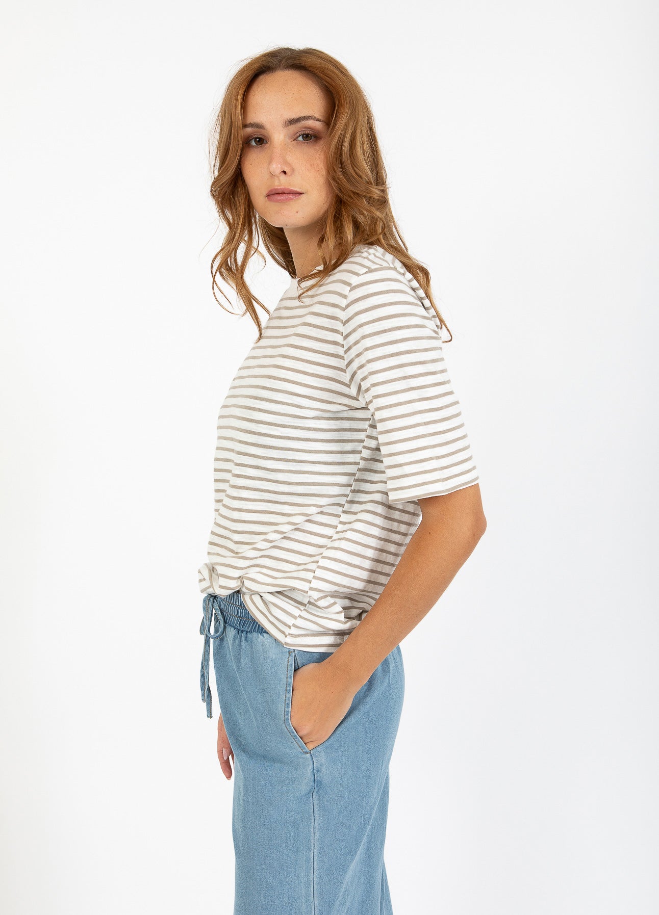CC HEART SILLA STRIBET KORTÆRMET T-SHIRT - Off white/sand olive Online nu