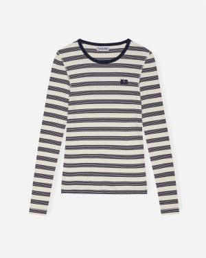 Striped Soft Cotton Rib Long Sleeve T-Shirt - Sky Captain på udsalg