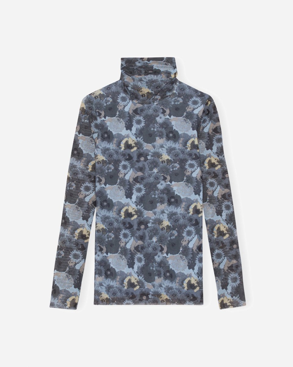 Printed Mesh Long Sleeve Rollneck - Brunnera Blue