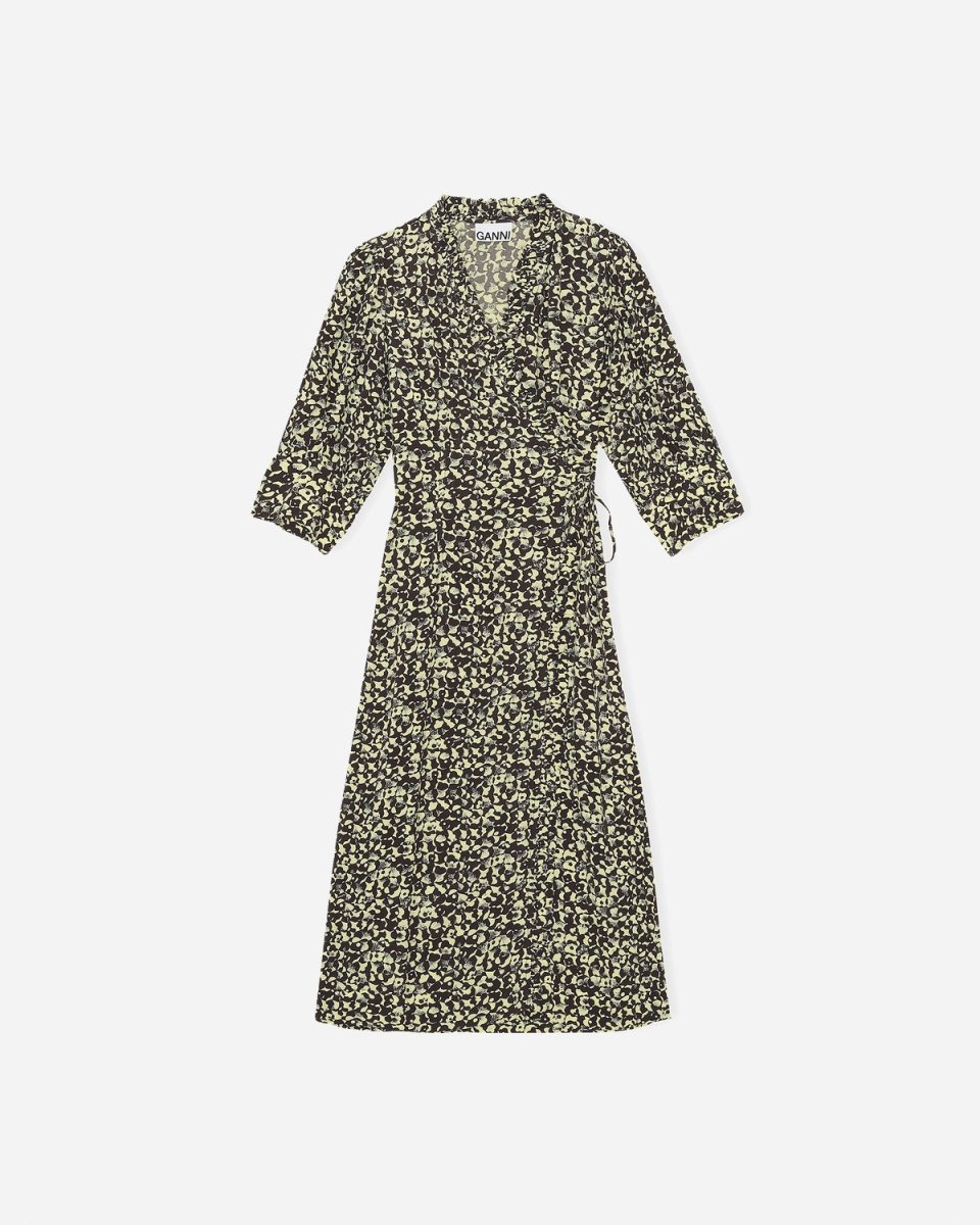 Printed Crepe Wrap Ruffle Dress - Phantom på udsalg