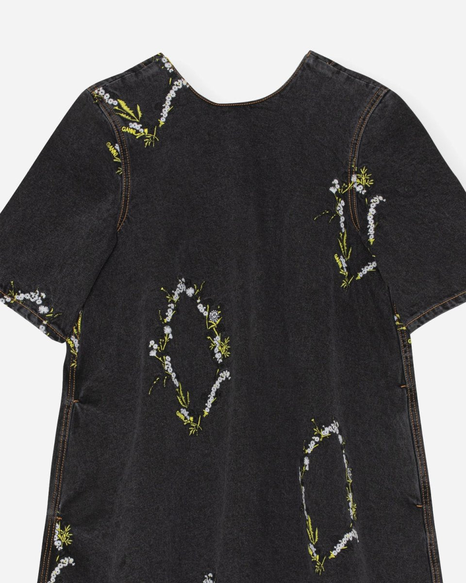 Embroidery Denim A-line Mini Dress - Washed Black/Black