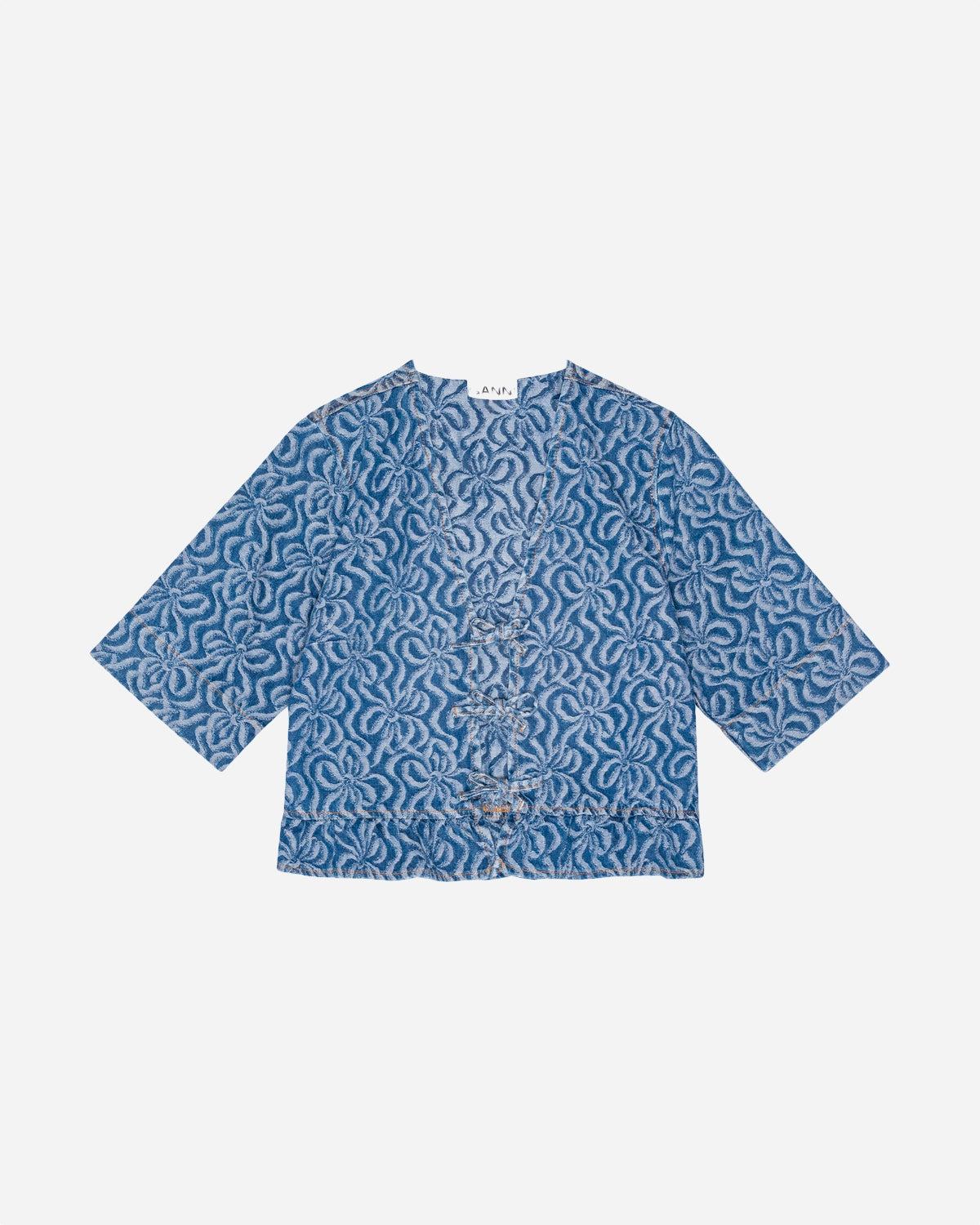 Jacquard Denim Flounce Tie Blouse - Mid Blue Stone Rabat