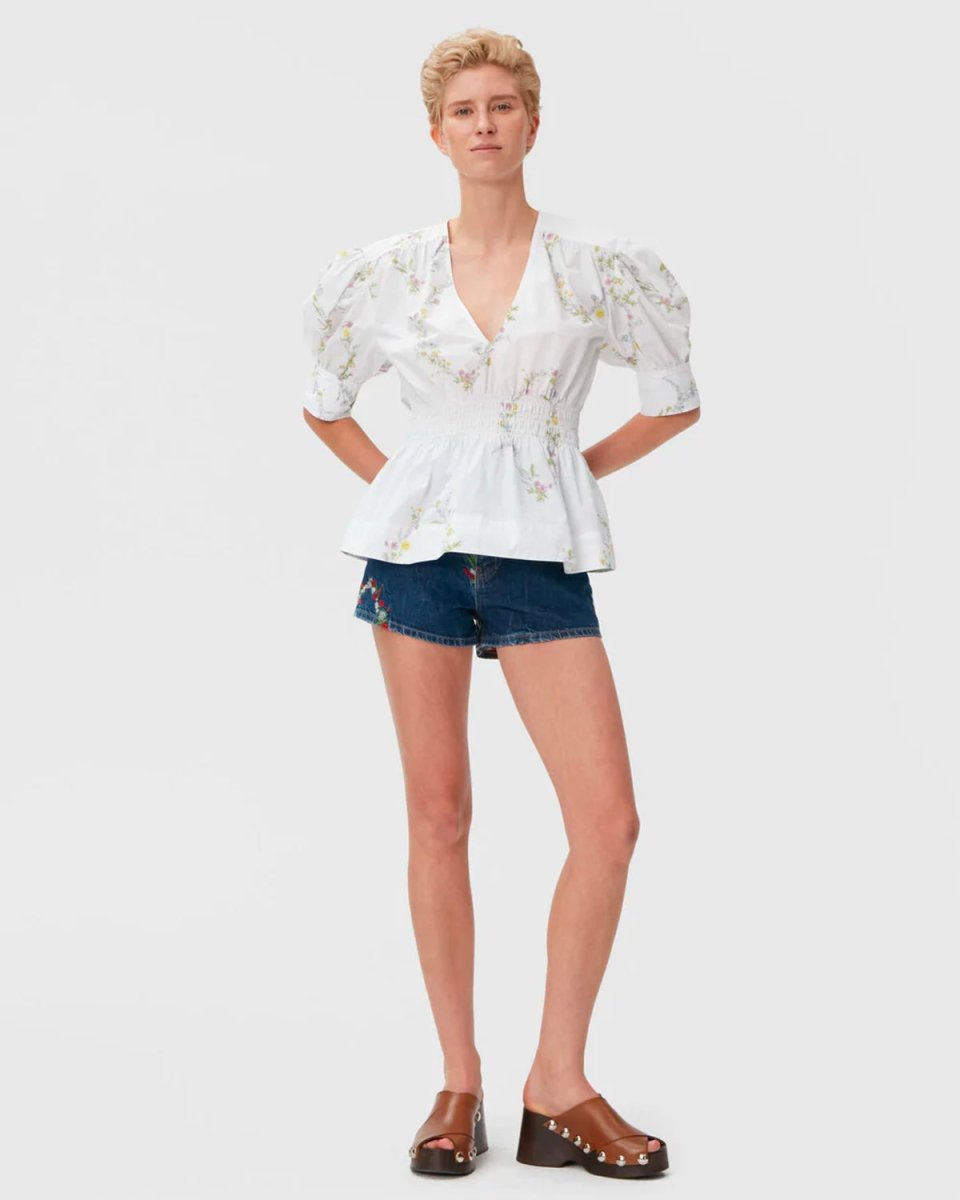Cotton V-neck Smock Blouse - Bright White Online