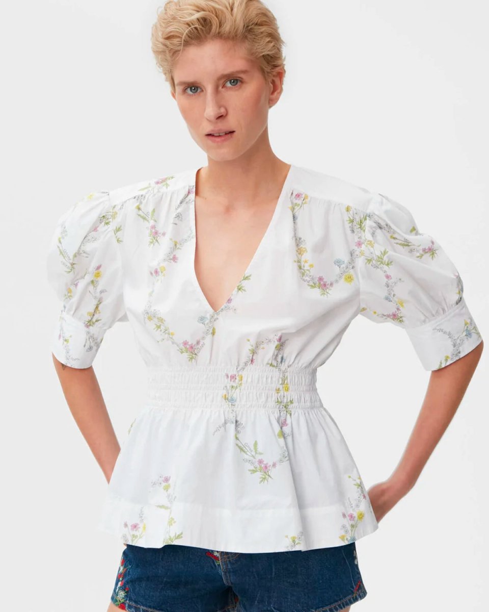 Cotton V-neck Smock Blouse - Bright White Online
