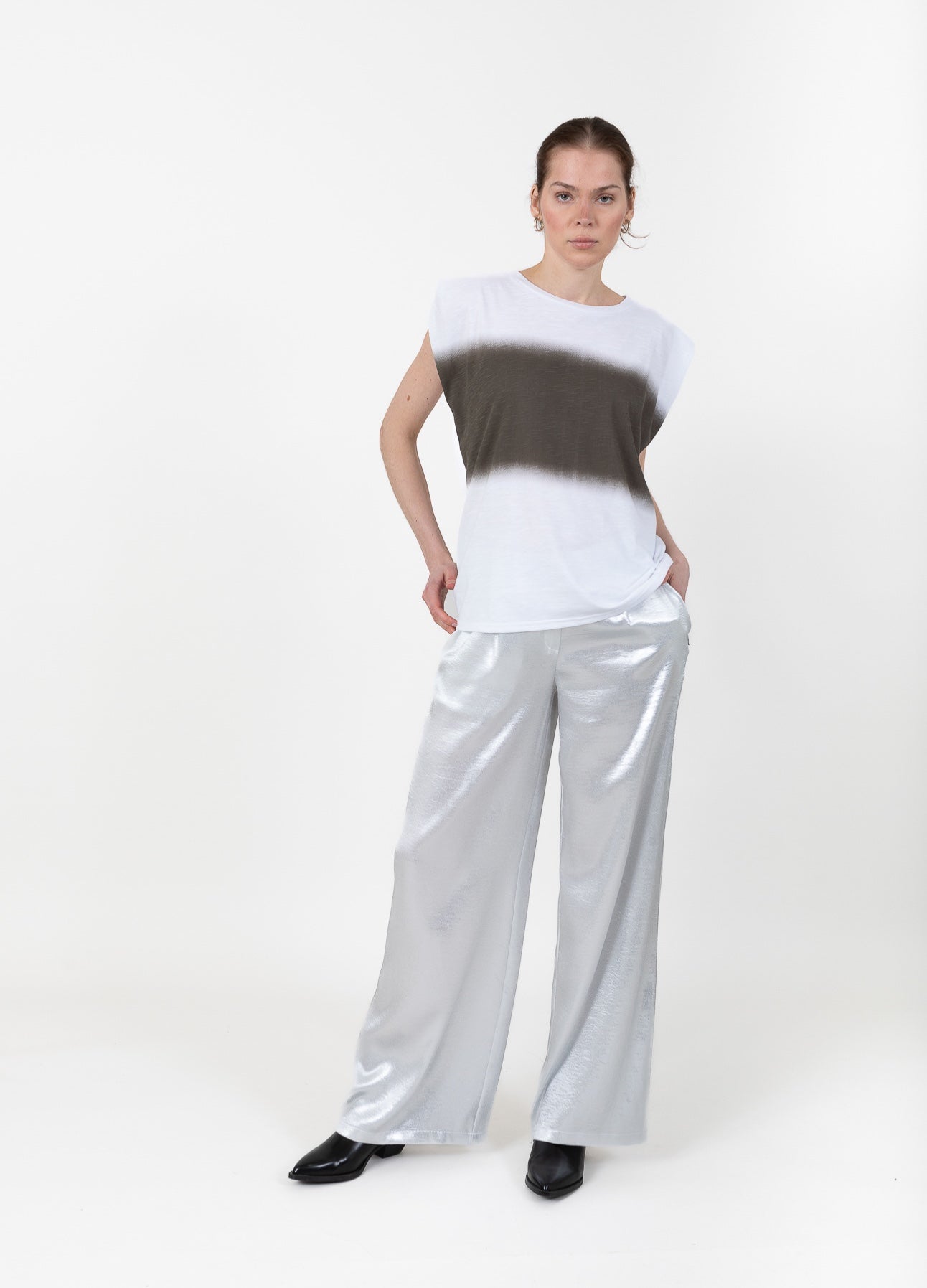 T-SHIRT MED SLØRET STRIBE - White/shadow green stripes