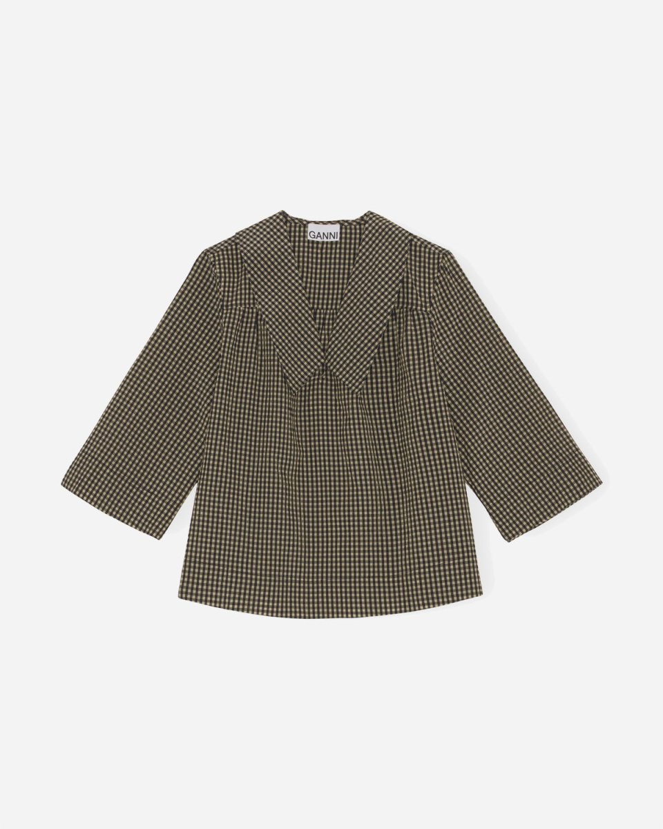Seersucker Check V-neck Collar Blouse - Gingham Starfish