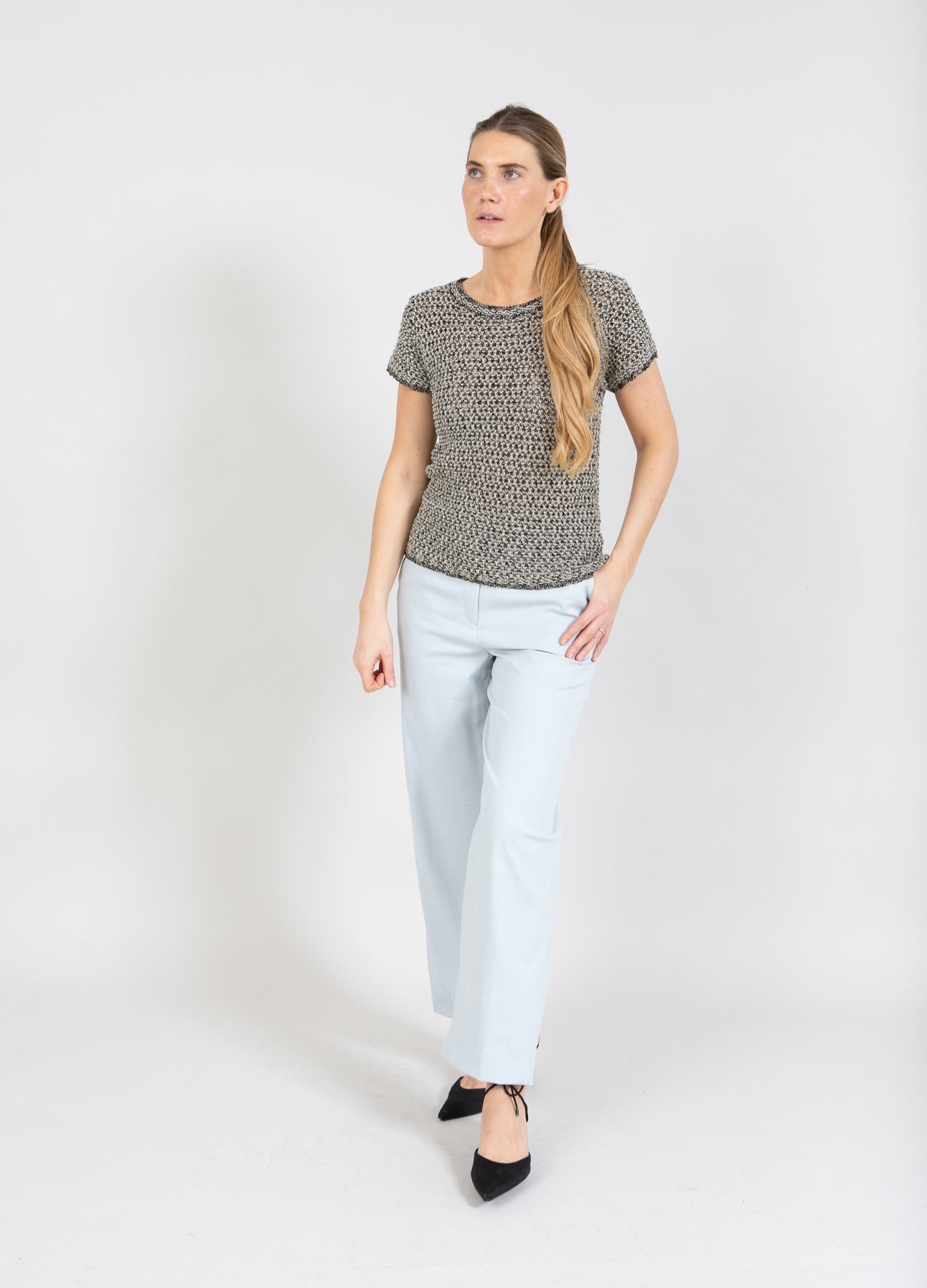 STRIKKET BLUSE MED TEKSTUR - Black/creme stripe Online salg