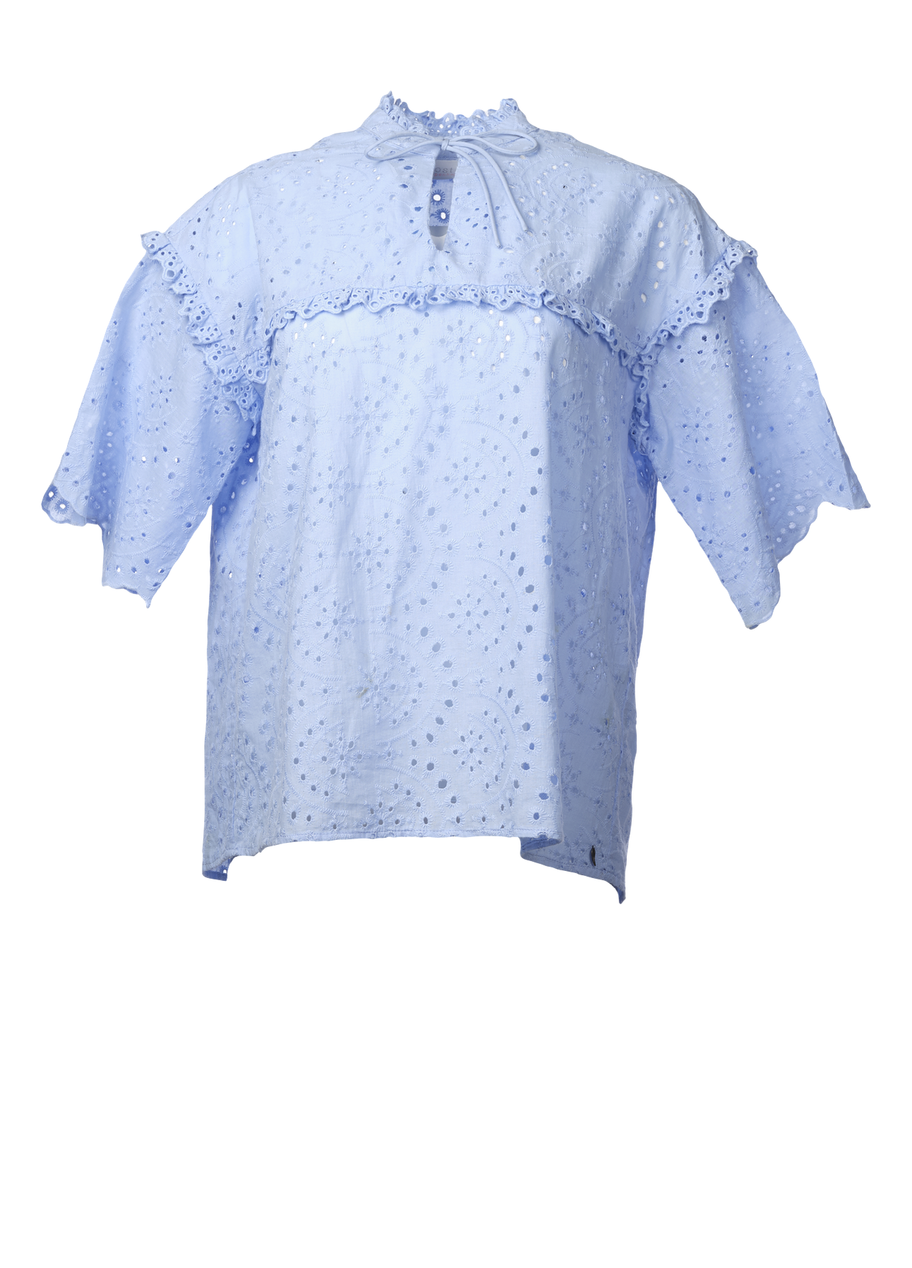 PRE-LOVED KORTÆRMET BRODERIE ANGLAISE BLUSE - Sky blue Levere
